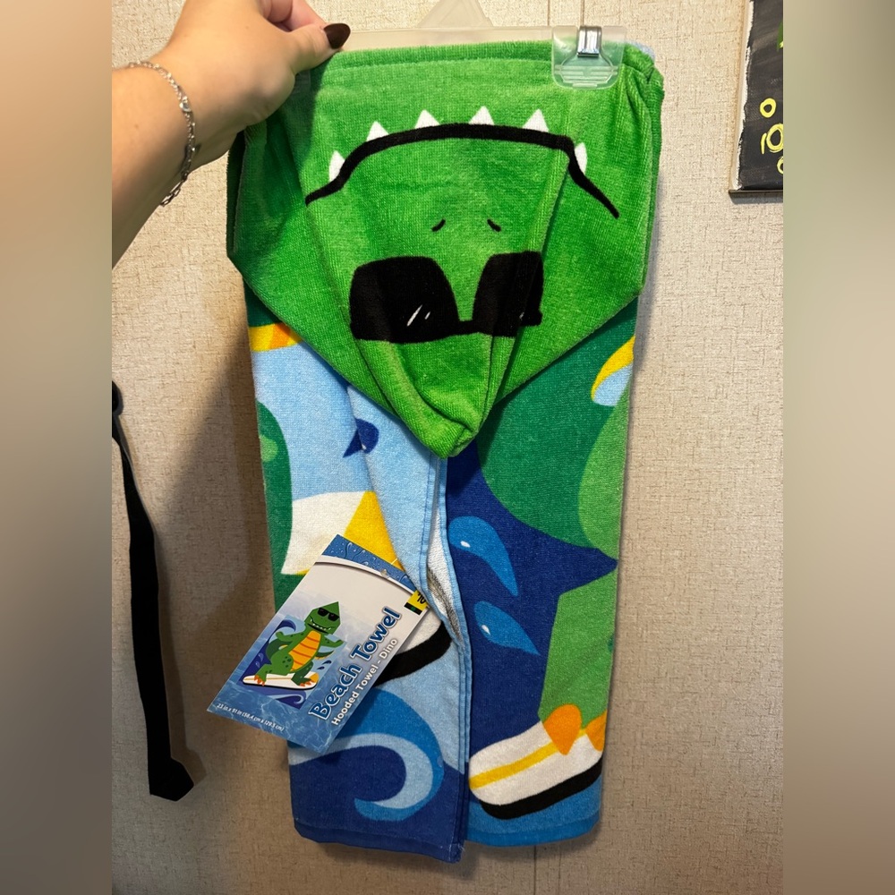 Green Dinosaur Hooded Beach Towel